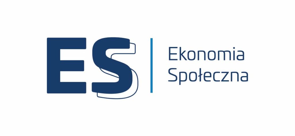 Z lewej strony z wielkich liter ES z prawej oddzielone od nich pionową linią napis ekonomia społeczna całość w kolorach niebieskich (napis) i białym (tło)